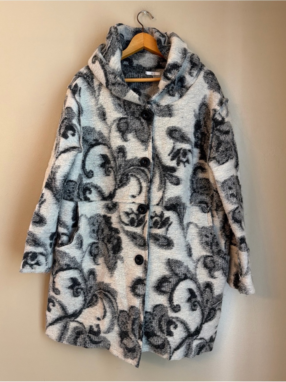 Kaktus Black Gray White Wool Blend Coat Hood Buttons Made In Italy XL Floral